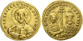 Nicephorus II Phocas, 15 August 963 – 10 December 969, with Basil II and Constantine VIII. Histamenon 963-969, AV 4.41 g. Facing bust of Christ with d...