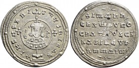 John I Tzimisces 969 – 976, with colleagues throughout the reign. Miliaresion 969-976, AR 2.56 g. Circular medallion containing facing bust of John, w...