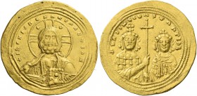 Basil II Bulgaroctonos, 976 – 1025, with Constantine VIII, co-emperor throughout the reign. Histamenon 1005-1025, AV 4.40 g. Bust of Christ facing wit...
