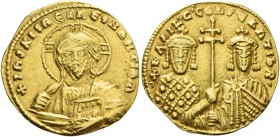 Basil II Bulgaroctonos, 976 – 1025, with Constantine VIII, co-emperor throughout the reign. Tetarteron 977-1004, AV 4.06 g. Bust of Christ facing, wea...