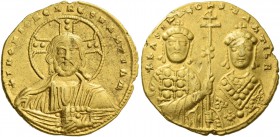 Basil II Bulgaroctonos, 976 – 1025, with Constantine VIII, co-emperor throughout the reign. Histamenon circa 1005-1025, AV 4.20 g. Facing bust of Chri...
