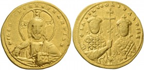 Basil II Bulgaroctonos, 976 – 1025, with Constantine VIII, co-emperor throughout the reign. Histamenon circa 1005-1025, AV 4.14 g. Facing bust of Chri...