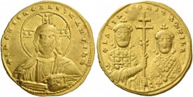 Basil II Bulgaroctonos, 976 – 1025, with Constantine VIII, co-emperor throughout the reign. Histamenon circa 1005-1025, AV 4.18 g. Facing bust of Chri...