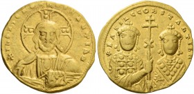 Basil II Bulgaroctonos, 976 – 1025, with Constantine VIII, co-emperor throughout the reign. Histamenon circa 1005-1025, AV 4.19 g. Facing bust of Chri...