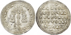 Basil II Bulgaroctonos, 976 – 1025, with Constantine VIII, co-emperor throughout the reign. Miliaresion 977-989, AR 2.61 g. Facing busts of Basil, on ...