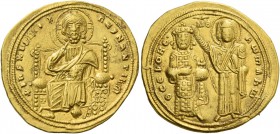 Romanus III, 1028 – 1034. Histamenon 1028-1034, AV 4.40 g. Christ, nimbate, enthroned facing raising r. hand in benediction and holding Book of Gospel...