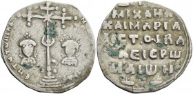 Michael VII Ducas, with Maria. 1071-1078. Miliaresion 1071-1078, AR 1.86 g. Cross crosslet on three steps, with saltire cross at centre and pellet-in-...