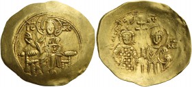 John II Comnenus, August 1118-April 1143, with colleagues from 1119. Hyperpyron nomisma, Thessalonica 1118-1122, AV 4.43 g. Christ, nimbate, seated fa...
