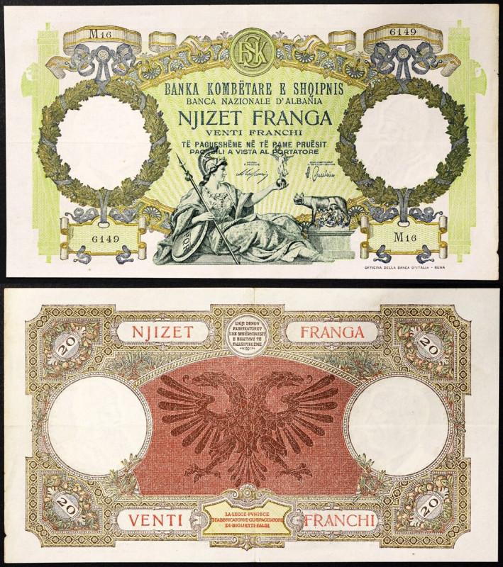 Albania, Kingdom, 20 Franga Ari, n.d. (1939), Italian occupation, Heavy folds, s...