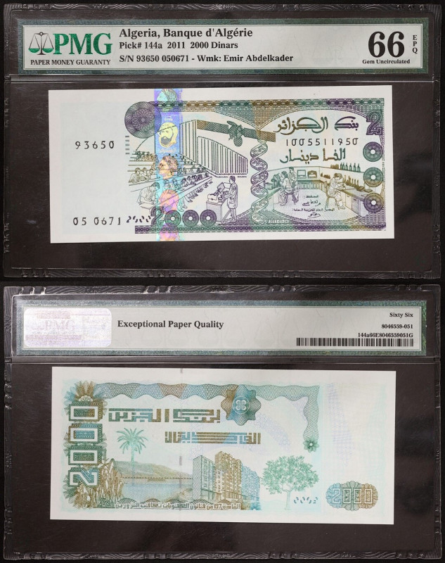 Algeria, Republic, 2.000 Dinars, 2011, Pick 144a, PMG 66 EPQ Gem UNC