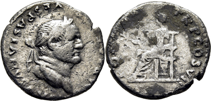 ROMA IMPERIO. Vespasiano. Denario. 75 d.C. Busto laureado a derecha, alrededor V...