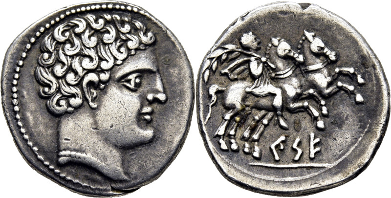 CESE (2). Denario. 5ª emisión. Cabeza desnuda a derecha con collar. Jinete cabal...