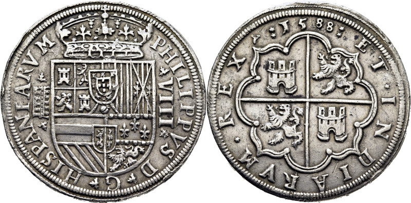 FELIPE II. Segovia ingenio. 8 reales. 1588 de tamaño pequeño. Hojas acotando cec...