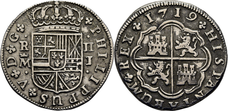 FELIPE V. Madrid. 2 reales. 1719. J. Cy8704 (30 €). 4´98 g. Mejor que MBC