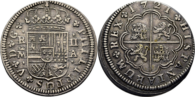 FELIPE V. Madrid. 2 reales. 1721. A. Parece leerse PIIILIPUS. Cy8722 (70 €). 6´2...