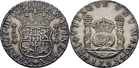 CARLOS III. Lima. 8 reales. 1765. JM. Sin punto en la ceca derecha. Cordoncillo perfecto. EBC+/EBC