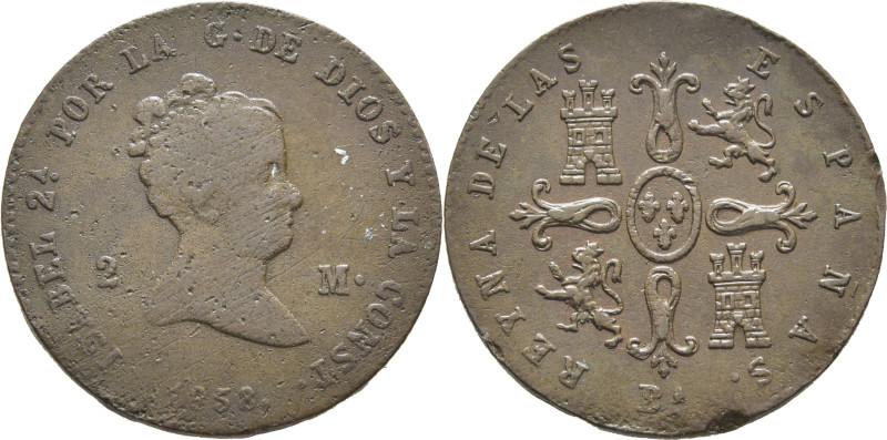 ISABEL II. Barcelona. 2 maravedís. 1858. Cy10586 (50€). Rayas. Algo de porosidad...