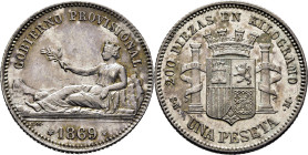 GOBIERNO PROVISIONAL. 1 peseta. 1869. GOBIERNO PROVISIONAL. SNM. EBC+/EBC. Llamativo