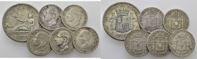CENTENARIO. 2 pesetas. 1870*x-70. 50 céntimos. 1880, 1881*8-1 (2), 1885*x-6..Lote de 6