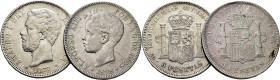 AMADEO I. 5 pesetas. 1871*18-75. DEM. Lote de 2