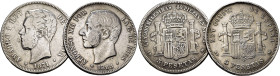 AMADEO I y ALFONSO XII. Madrid. 5 pesetas. 1871*18-71. SDM. 1885*18-87. MPM…Lote de 2