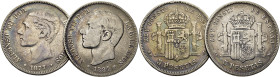 ALFONSO XII. 5 pesetas. 1877*X-77. DEM. 1884*18-84. MSM. Lote de 2