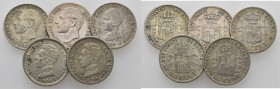 ALFONSO XII y XIII. 50 céntimos. 1880*8-0, 1885*8-6 parece, 1889*8-9 y 1904*0-4… Lote de 5