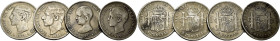 ALFONSO XII y XIII. 5 pesetas. 1877*x-77 muy débil, 1885*x-x, 1892*18-92…Lote de 4