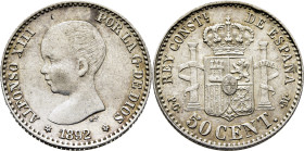 ALFONSO XIII. 50 céntimos. 1892*2-2. PGM. Error de fábrica en las estrellas. Escasa