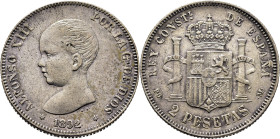ALFONSO XIII. 2 pesetas. 1892*18-92. PGM. Cierto atractivo
