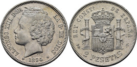 ALFONSO XIII. 2 pesetas. 1894*18-94. PGV. EBC+/EBC. Buen ejemplar