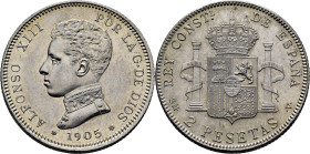 ALFONSO XIII. 2 pesetas. 1905*19-05. SMV. Casi SC-/EBC+. Buen ejemplar