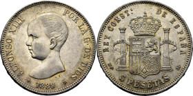 ALFONSO XIII. 5 pesetas. 1889*18-89. MPM. Casi EBC+/EBC. Atractivo resplandor y lustre
