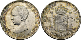 ALFONSO XIII. 5 pesetas. 1890*18-90. MPM. Prácticamente SC-. Atractiva