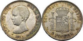 ALFONSO XIII. 5 pesetas. 1891*18-91. PGM. SC/SC+. Estupenda. Bellísima