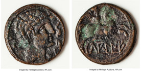 SPAIN. Lakine. Ca. 2nd-1st centuries BC. AE (25mm, 9.51 gm, 5h). Choice Fine, bronze disease. Beardless male head right, drapery on neck; dolphin swim...