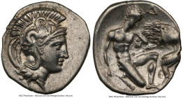 CALABRIA. Tarentum. Ca. 380-280 BC. AR diobol (12mm, 11h). NGC Choice XF. Ca. 325-280 BC. Head of Athena right, wearing crested Attic helmet decorated...