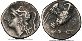 CALABRIA. Tarentum. Ca. 3rd century BC. AR drachm (16mm, 5h). NGC VF. Ca. 280-272 BC, So-, magistrate. Head of Athena left, wearing crested Attic helm...