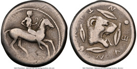 SICILY. Leontini. Ca. 475-455 BC. AR didrachm (19mm, 8.28 gm, 10h). NGC Fine 4/5 - 4/5, scuff. Nude rider on horseback trotting right, looped rein in ...