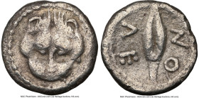 SICILY. Leontini. Ca. 455-430 BC. AR litra (9mm, 10h). NGC VF. Lion scalp mask facing, within dotted border / ΛE / ON around barley grain. SNG ANS 213...