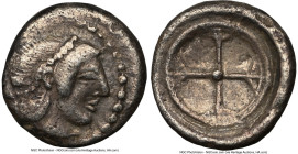 SICILY. Syracuse. Hieron I (ca. 480-470 BC). AR obol or litra (9mm). NGC VF. Ca. 475-470 BC. Head of Arethusa right, wearing beaded plain taenia and n...