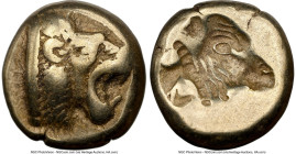 LESBOS. Mytilene. Ca. 521-478 BC. EL sixth-stater or hecte (10mm, 2.53 gm, 5h). NGC Fine 4/5 - 5/5. Head of roaring lion right, wearing beaded collar ...
