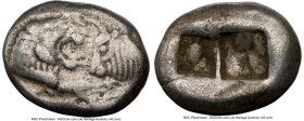 LYDIAN KINGDOM. Croesus (561-546 BC). AR half-stater or siglos (16mm, 5.25 gm). NGC Choice Fine 5/5 - 3/5. Croeseid standard, Sardes. Confronted forep...
