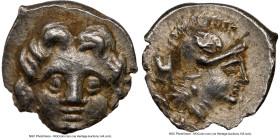 PISIDIA. Selge. Ca. 4th century BC. AR obol (11mm, 0.96 gm, 12h). NGC AU 4/5 - 4/5, edge chip. Head of gorgoneion / Head of Athena right, wearing cres...