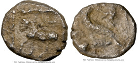 JUDAEA. Samaria. Ca. mid-4th century BC. AR obol (8mm, 12h). NGC Choice Fine, edge cuts. Bridled horse walking left; D (Aramaic) above / Winged sphinx...