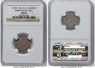 Rimini. Republic Grosso Agontano ND (1250-1385) AU53 NGC, Biaggi-2001, MIR-1353. PP S GAVDECIVS St. Gaudentius, nimbate, standing facing, holding cros...
