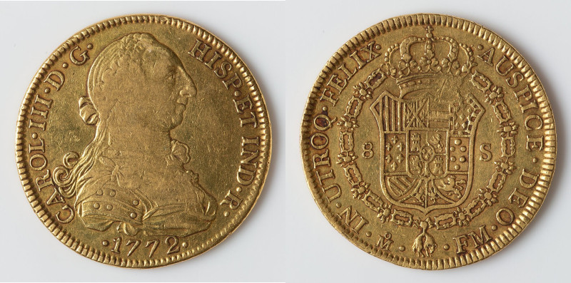 Charles III gold 8 Escudos 1772 Mo-FM VF, Mexico City mint, KM156.1. 37.0mm. 26....