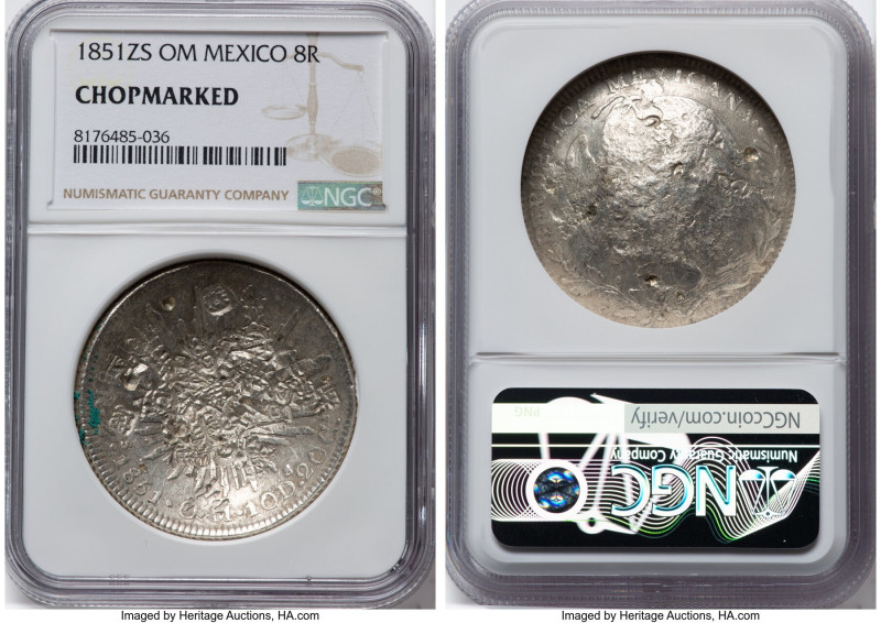 Republic 8 Reales 1851 Zs-OM Chopmarked NGC, Zacatecas mint, KM377.13, DP-Zs31. ...