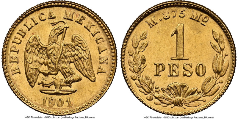 Republic gold Peso 1901/801 Mo-M MS66 NGC, Mexico City mint, KM410.5. Large date...