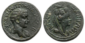 Gordian III (238-244). Mesopotamia, Singara. Æ (26mm, 11.84g, 6h). Radiate bust r., slight drapery on l. shoulder. R/ Veiled bust of Tyche r.; Centaur...